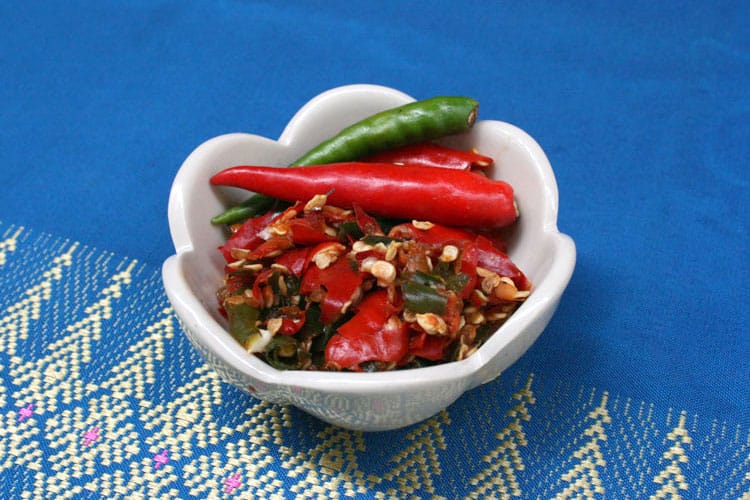 Bowl of raw chilis for making chili paste.
