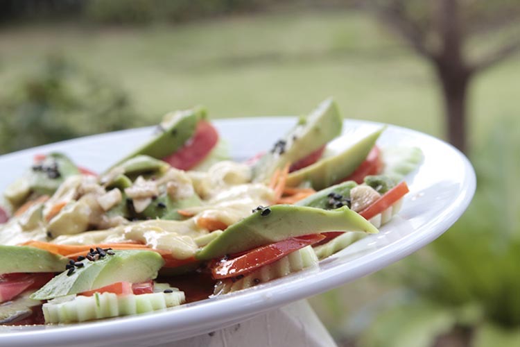 Avocado salad on white plate with cucumbers, tomatoes, topped with carrot sauce.